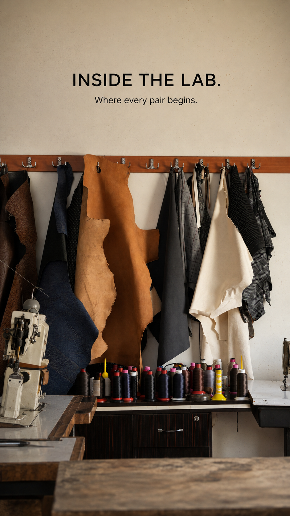 Leather and fabric swatches with sewing threads